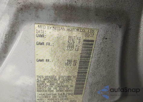 2017 Nissan Altima 2.5 S из США, поврежденный, VIN 1N4AL3AP1HN348290